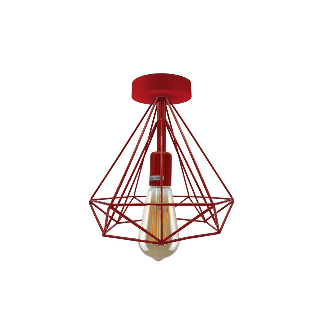 Red Vintage Semi Flush Mount Ceiling Light Fixture Metal Cage Ceiling Lampshade with E27 Holder