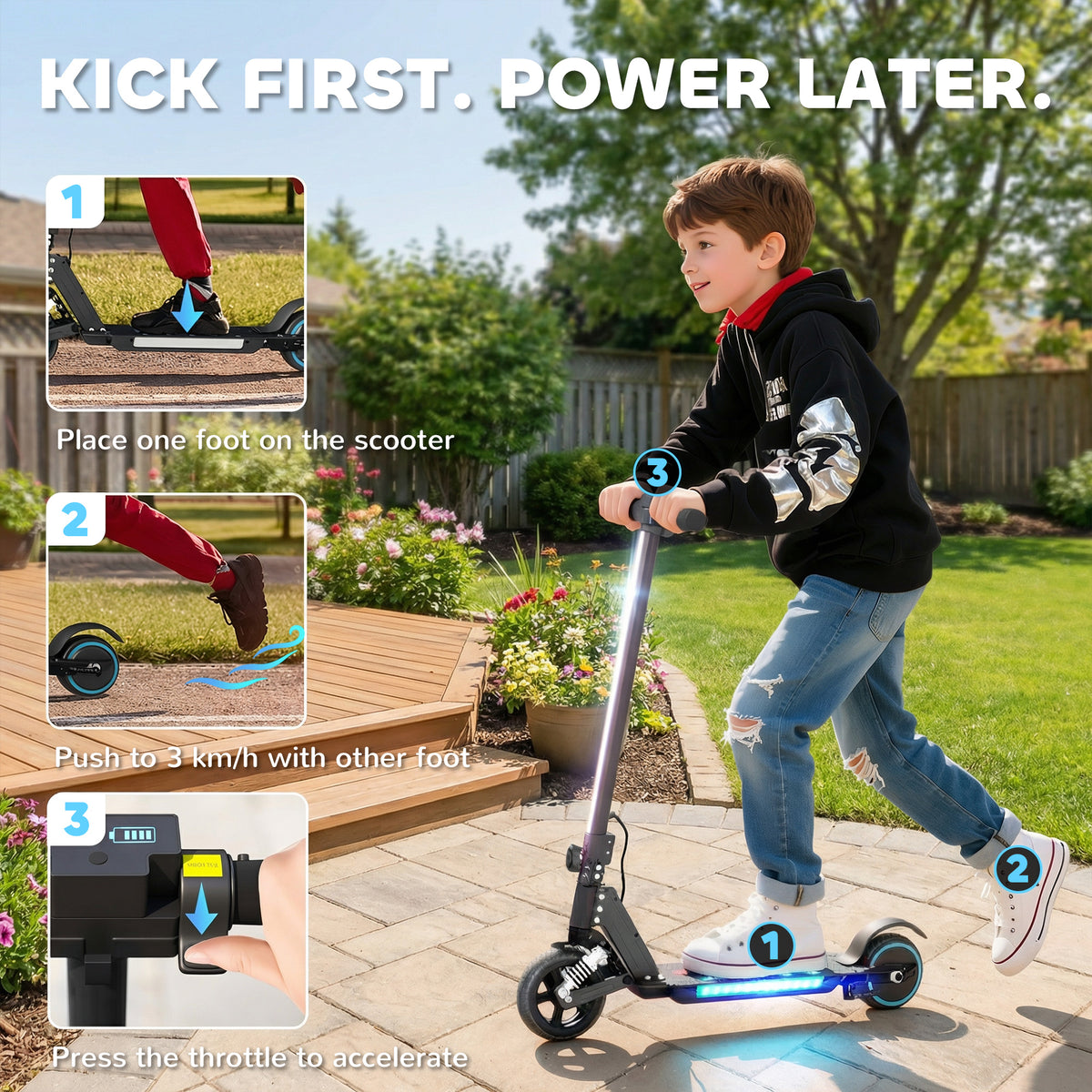 SPORTNOW Folding Electric Scooter for Kids, with Dual Brakes, Front Suspension, LED Colourful Lights, Black
