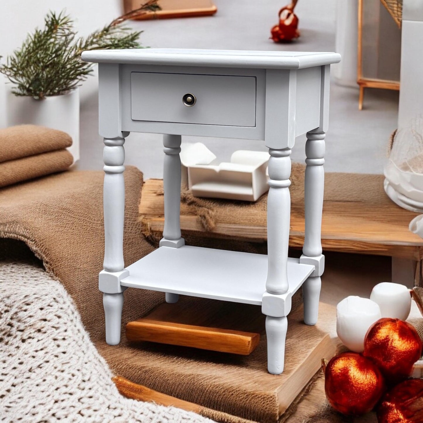 Modern and Stylish Bedside Wooden Side Table with 1 Drawer and Shelf - Sleek Art Deco Solid Pine Wood Side Tables with Storage for Home, Office, Living Room, and Hallways Decor (Solid, Grey)