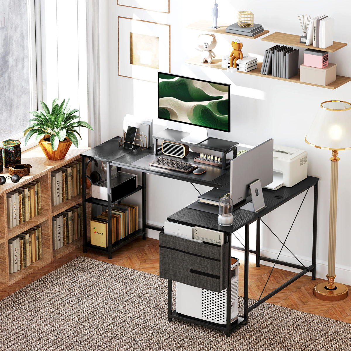HOMCOM 168cm Reversible L Shaped Desk, Industrial Corner Computer Desk with Adjustable Shelf and Storage Bag, 240cm 2 Person PC Table with Monitor Stand, Black