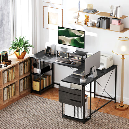 HOMCOM 168cm Reversible L Shaped Desk, Industrial Corner Computer Desk with Adjustable Shelf and Storage Bag, 240cm 2 Person PC Table with Monitor Stand, Black