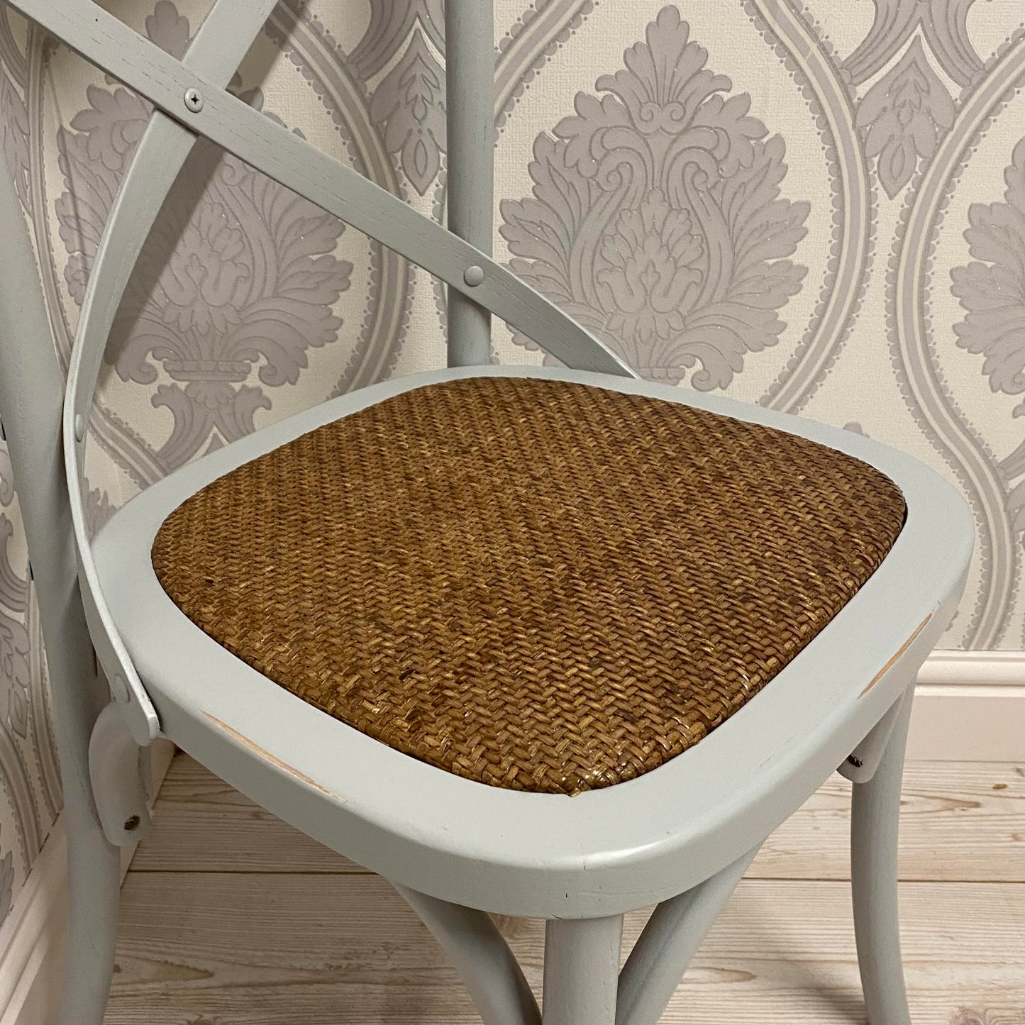 AcaciaHome Modern & Stylish Hand Finished Cross Back Oak Wooden Cafe Chair - Exclusive Rattan Seat Comfortable Office Furniture Collections for Home, Dining, Cafe, and Office Seating (Grey)