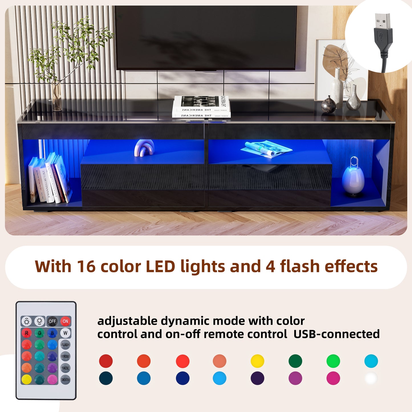 High Gloss TV Stand with 2 Drawers,glass tabletop,TV Cabinet Storage Sideboard with LED lights,open storage,Holds TVs up to 80"