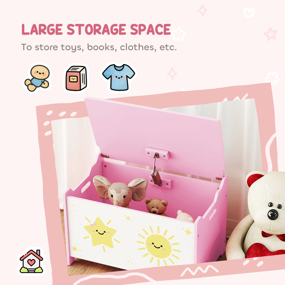 AIYAPLAY Toy Box with Lid, Safety Hinges and Groove Handles, Toy Storage organiser for Kids, Living Room, Playroom, Pink