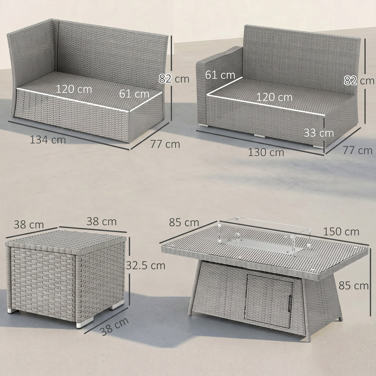 Outsunny Seven-Piece Firepit Table Rattan Sofa Set - Grey