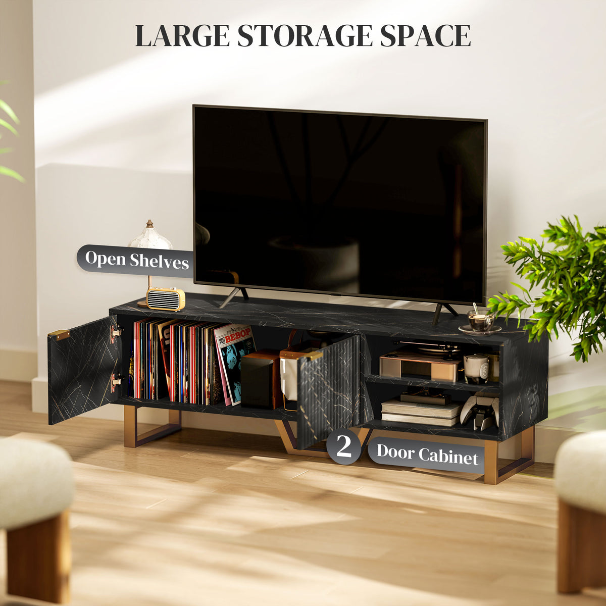 HOMCOM Marble Effect TV Unit, Modern TV Stand Cabinet for up to 70" TVs, with Shelves and Storage Cupboard, Fluted Door, Extra Centre Leg, Cable Management for Living Room, Black