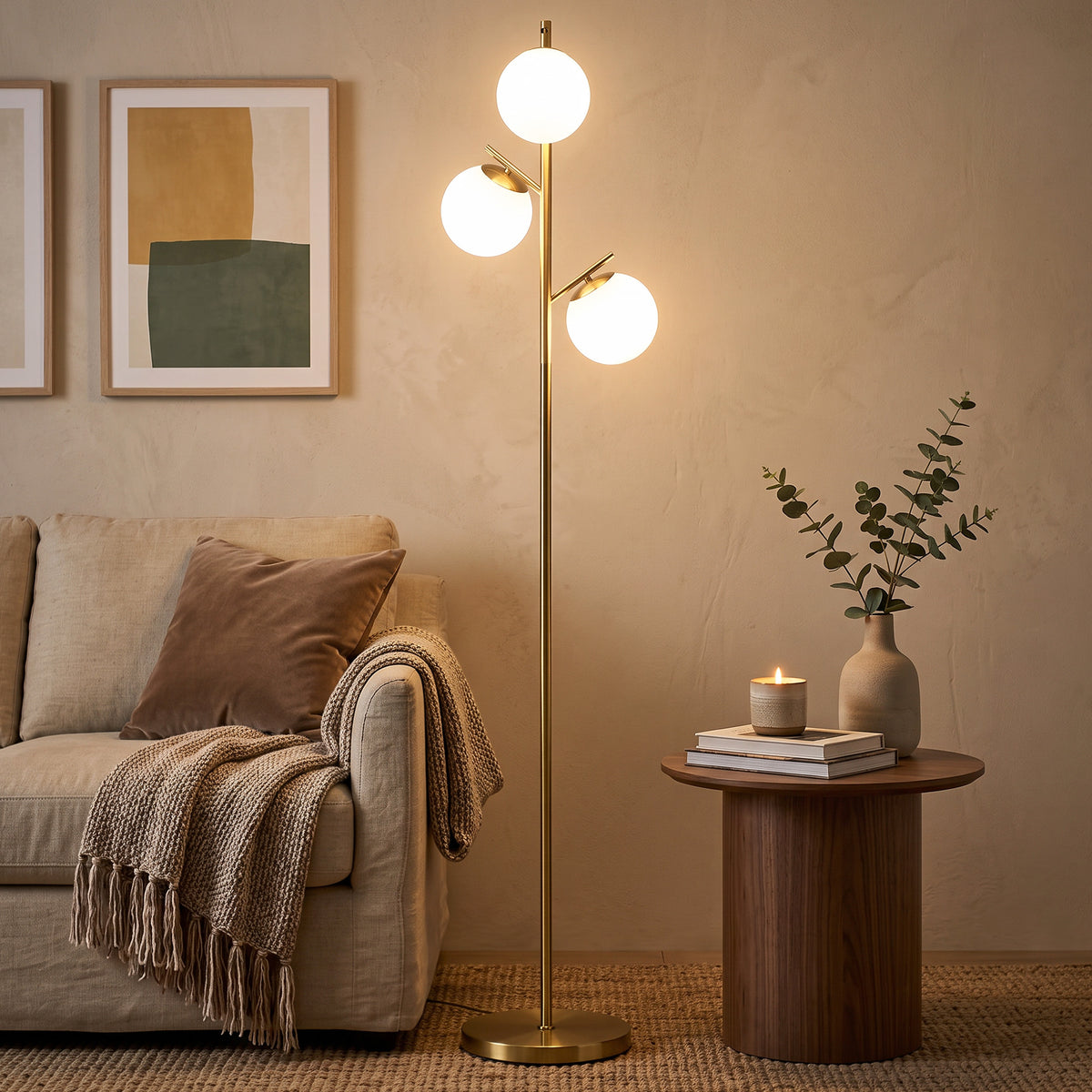 HOMCOM 3-Light Tree Floor Lamps for Living Room, Modern Standing Lamp for Bedroom with Globe Lampshade, Steel Base, Bulb not Included, Gold Tone