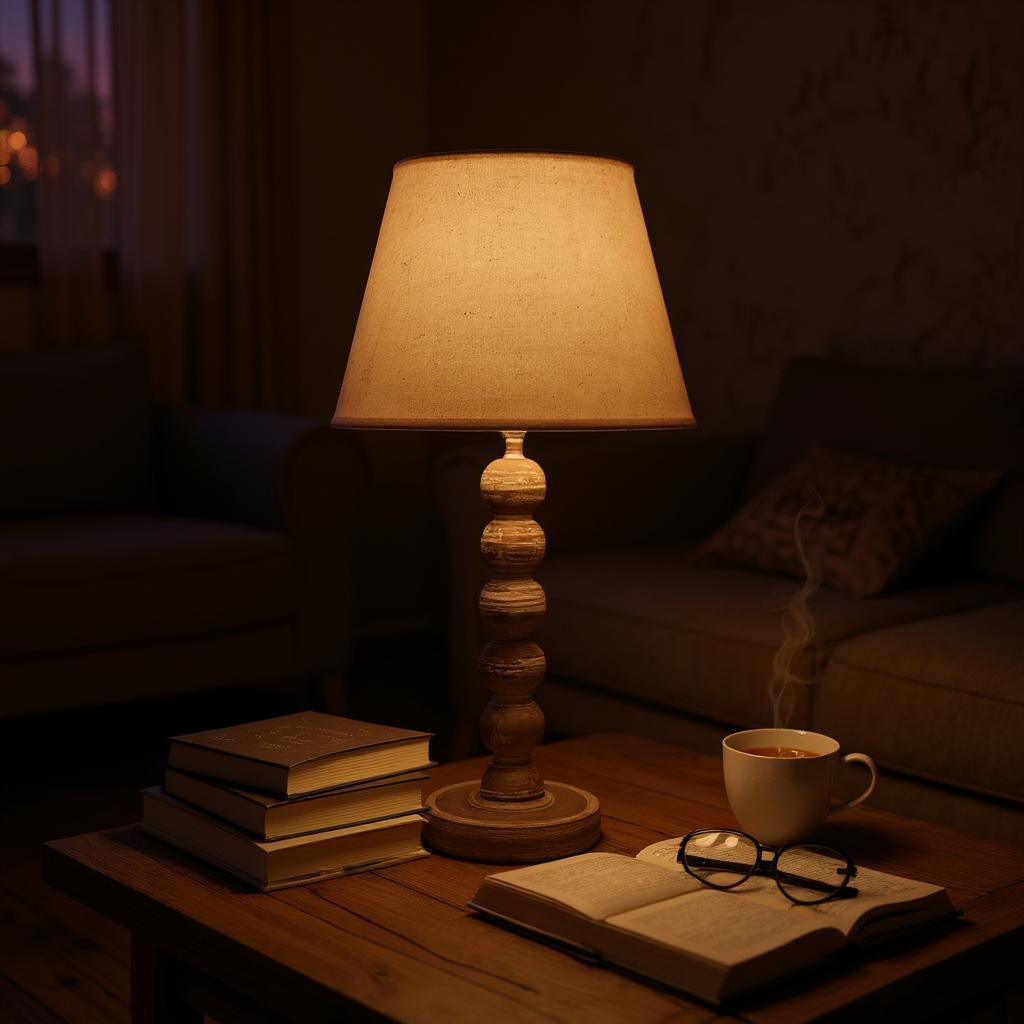AcaciaHome Modern Tall Wooden Washed Table Lamp - Traditional Shabby Chic Design with Taupe Linen Shade, Wood Effect Finish for Living Rooms, Bedrooms, or Hallways Decor (42cm Dark Grey with Shade)