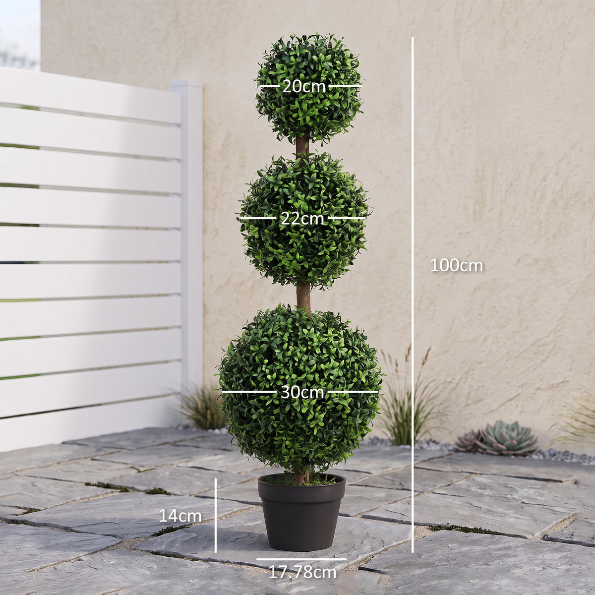 HOMCOM Set of 2 Decorative Artificial Trees, Topiary Ball-shaped Boxwood Trees in Pot, Fake Plants for Home Indoor outdoor Decor, 100cm, 3 Tree Balls