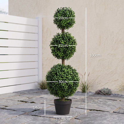 HOMCOM Set of 2 Decorative Artificial Trees, Topiary Ball-shaped Boxwood Trees in Pot, Fake Plants for Home Indoor outdoor Decor, 100cm, 3 Tree Balls