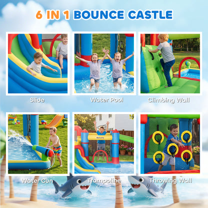 Outsunny 6 in 1 Kids Bouncy Castle, with Water Slide, Water Gun, Climbing Wall, Air Blower for Indoors/Outdoors, 3.9 x 3 x 2m