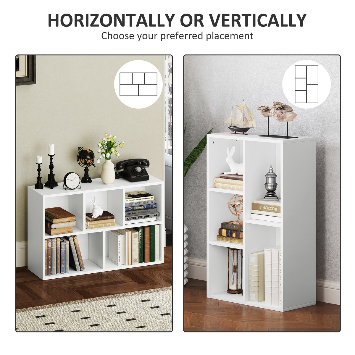 HOMCOM 2-Tier Bookshelf with 5 Compartments - White