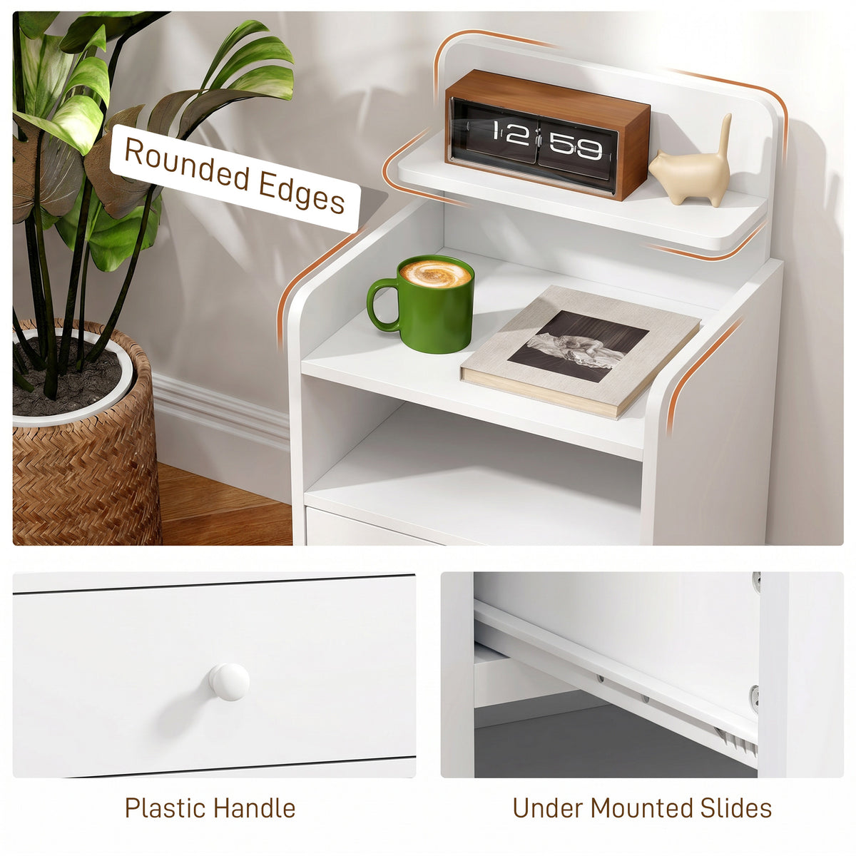 HOMCOM Bedside Cabinet, Bedside Table with Drawer and Shelf for Living Room, White