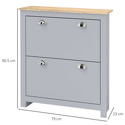 HOMCOM 2 Drawer Shoe Cabinet Modern Narrow Shoe Cupboard Hallway Wooden Storage Organiser with Flip Doors Adjustable Shelf for 6-12 Pairs, Grey