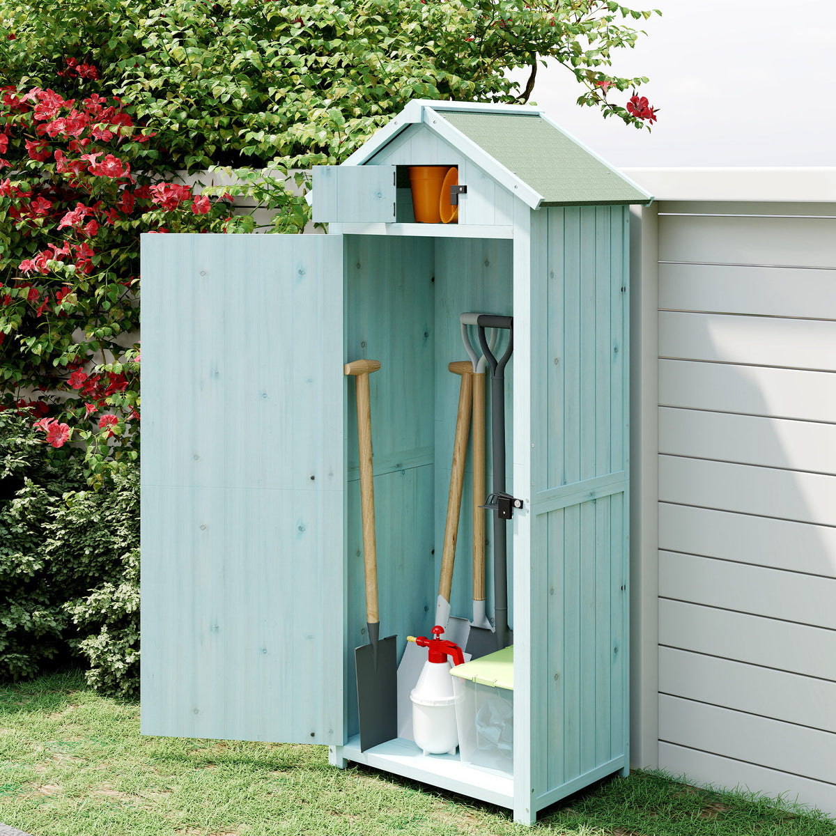 Outsunny Garden Shed Vertical Utility 3 Shelves Shed Wood Outdoor Garden Tool Storage Unit Storage Cabinet, 77 x 54.2 x 179cm - Blue
