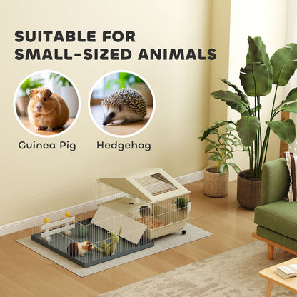 PawHut Small Animal Cage with Removable Pet Playpen, Guinea Pig Cage with Waterproof Pad, Hay Feeder, 108 x 71 x 57cm, Beige