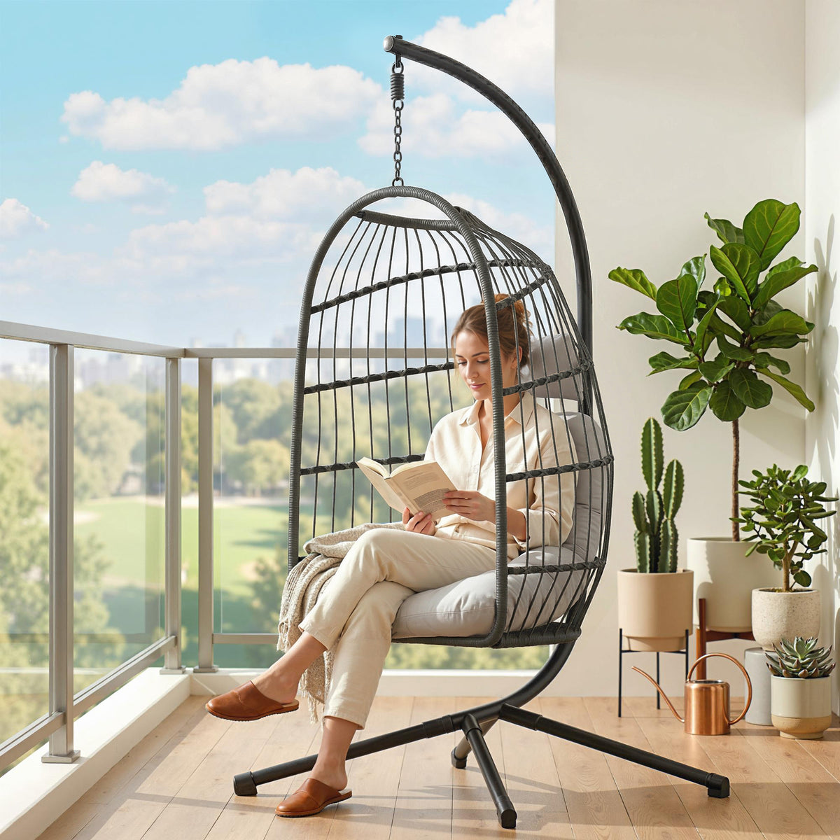 Outsunny Hanging Egg Chair, Indoor Outdoor Hammock Swing Chair with Stand, Safety Strap, Foldable Basket, Dark/Light Grey