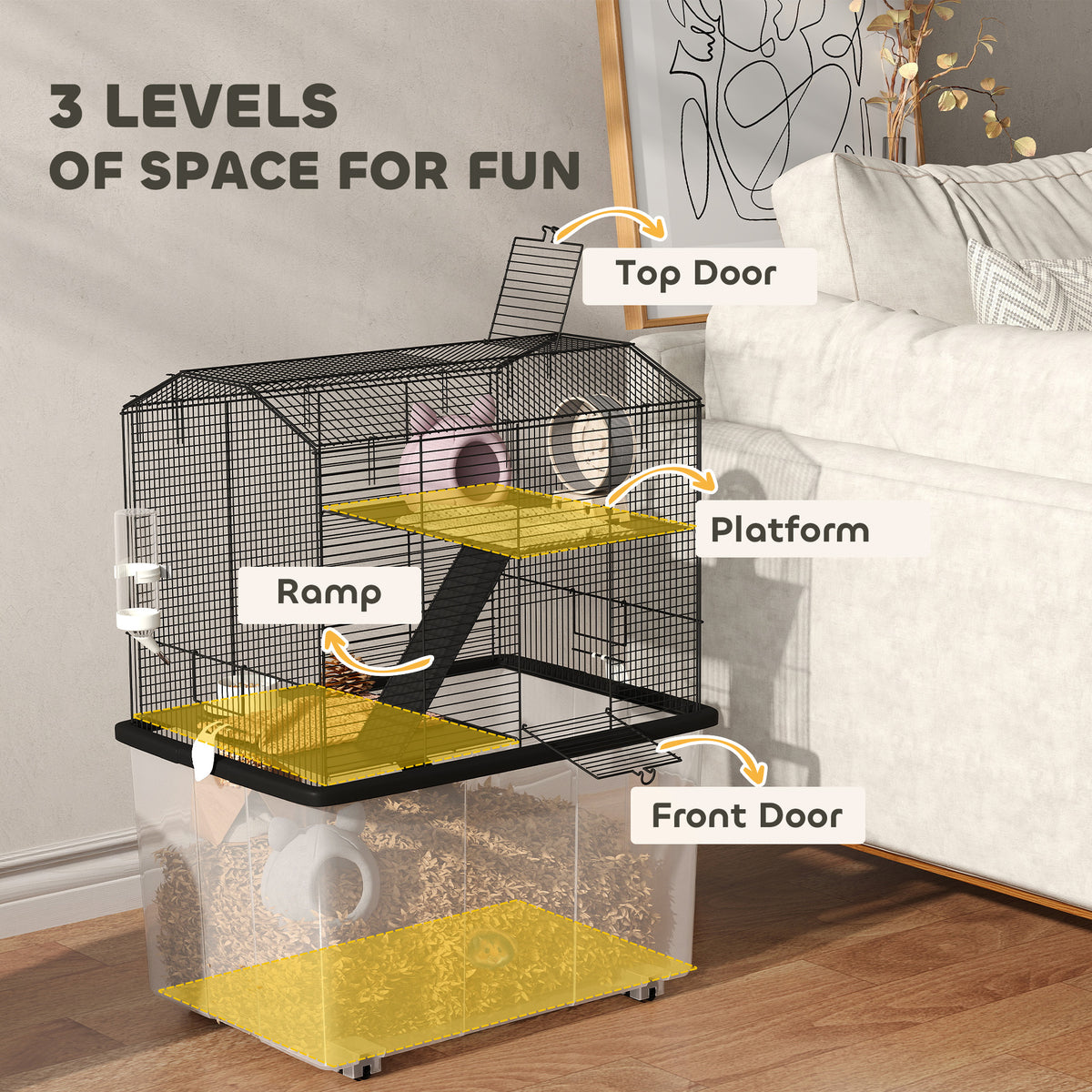 PawHut Three-Tier Gerbil Cage, Hamster Cage for Dwarf Hamster w/ Wheels, Deep Bottom, Food Dish, Water Bottle