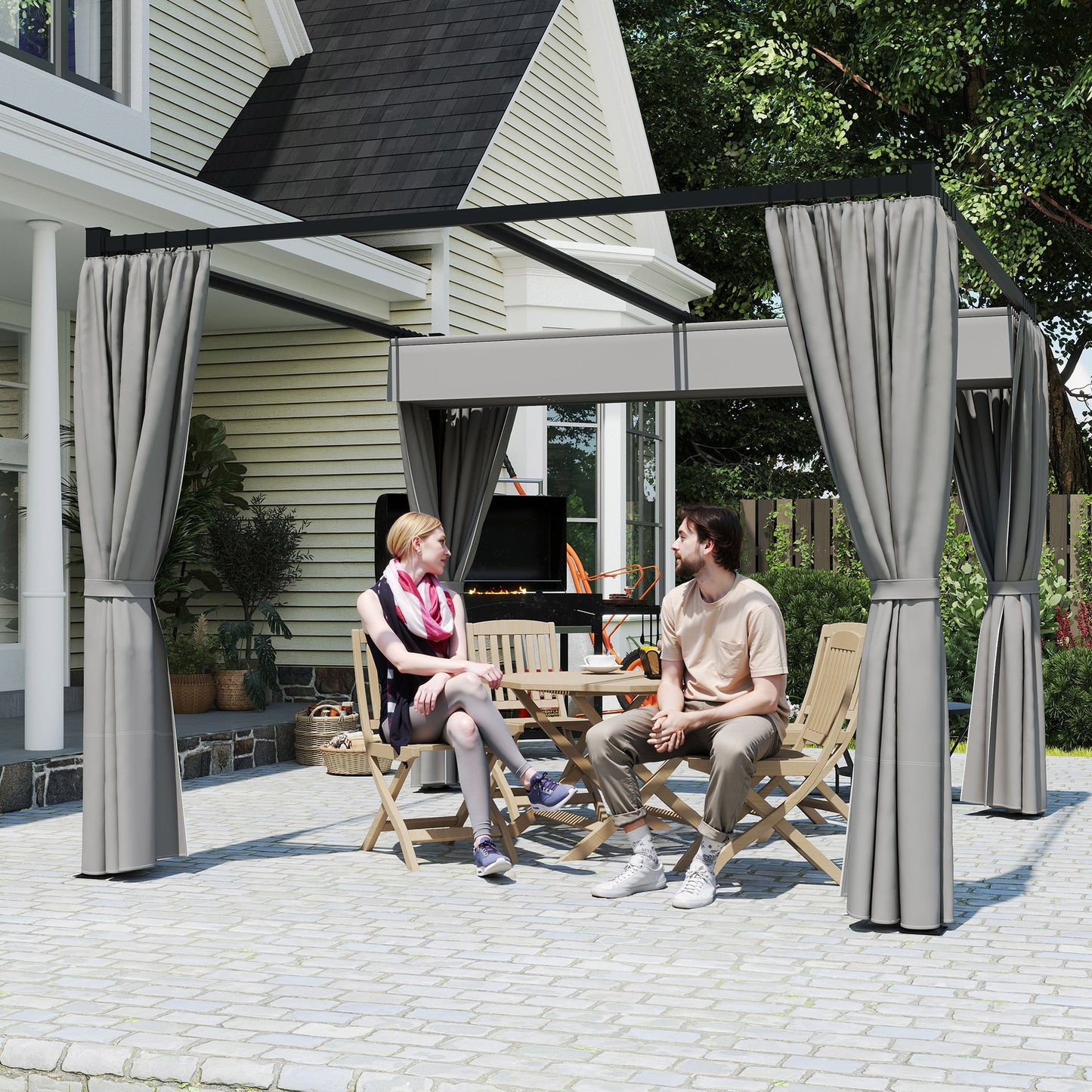 Outsunny 3 x 3(m) Pergola with Retractable Roof and Curtains, Light Grey