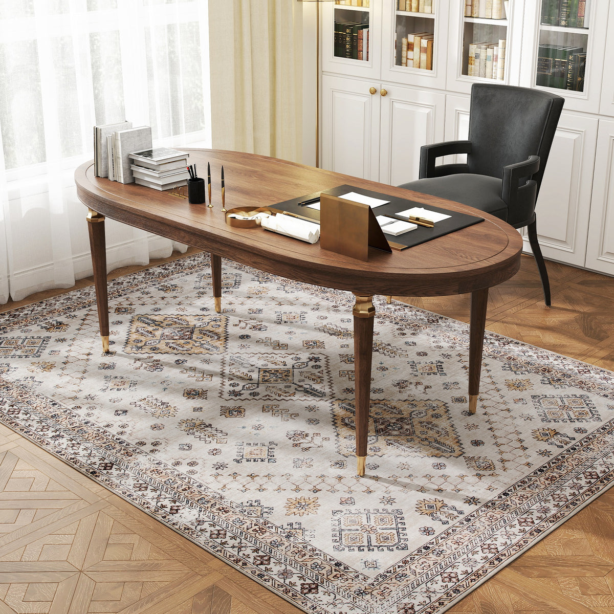 HOMCOM Vintage Area Rug, Non-Slip Washable Rug, Flannel Floor Carpet for Living Room, Bedroom, Dining Room, Home Office, 230 x 160 cm, Beige