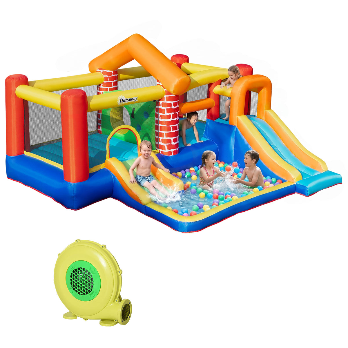 Outsunny 4 in 1 Large Bouncy Castle with Blower, Inflatable Bounce House with Double Slides, Trampoline, Inflatable House Pool, Climbing Wall, Carrybag for Kids Age 3-8, 3.8 x 3.7 x 2.3 m