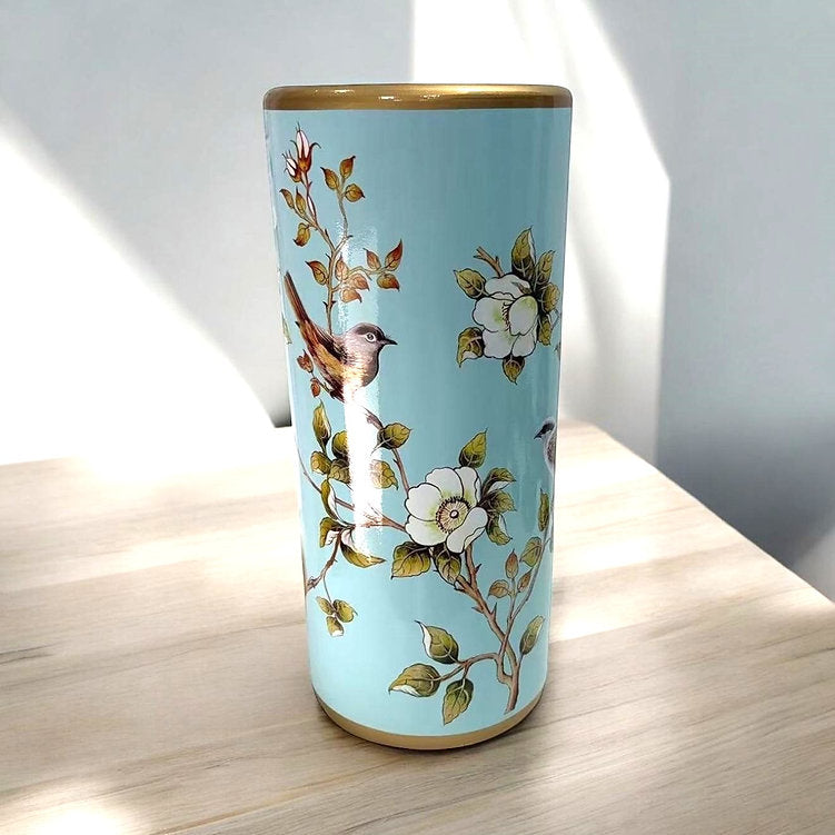 Classic Ceramic Round 18” Tall Umbrella Stand – Multi-Functional Holder or Decorative Vase,  with Durable Glazed Finish for Home, Office, or Entryway (Blue with Bird Design)