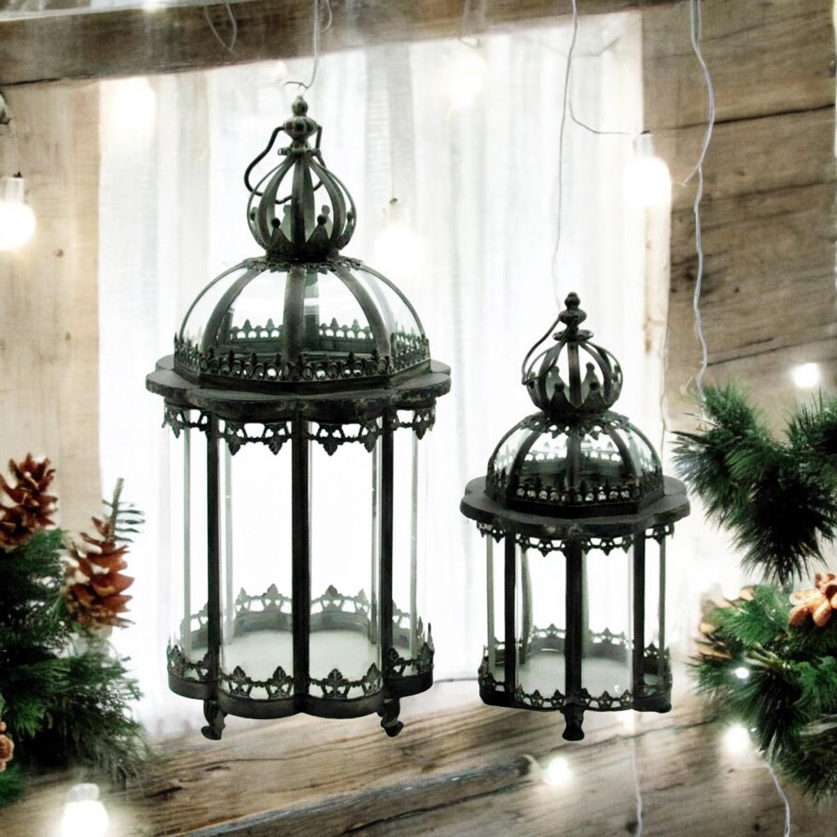 Stylish Set of 2 Metal Grey Tealight Lantern Holders – Decorative Glass & Metal Candle Holders, Versatile for Tealight or Mini Pillar Candles, Perfect for Home, Garden & Tabletop Décor