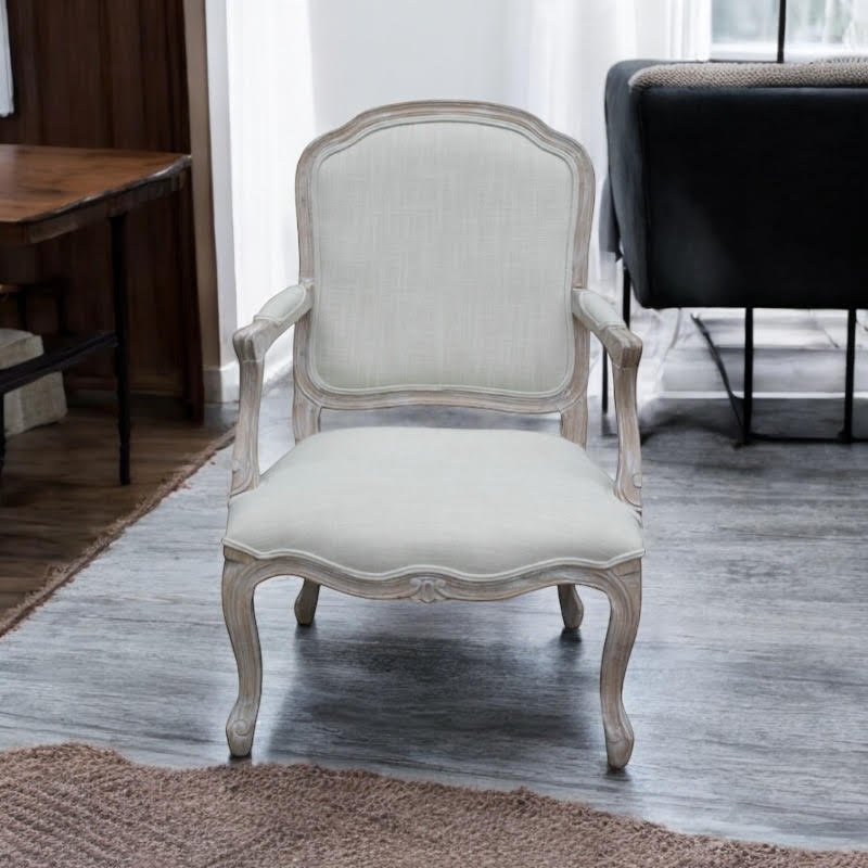 Louis French Country Style Dining Chair – Washed Oak Frame with Cream Linen Upholstery, Elegant High Back Design, Fully Assembled Comfortable Seating for Dining Room, Bedroom, or Décor (Cream)