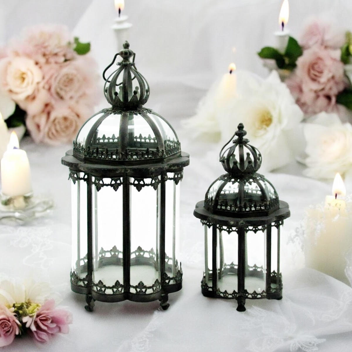 Stylish Set of 2 Metal Grey Tealight Lantern Holders – Decorative Glass & Metal Candle Holders, Versatile for Tealight or Mini Pillar Candles, Perfect for Home, Garden & Tabletop Décor