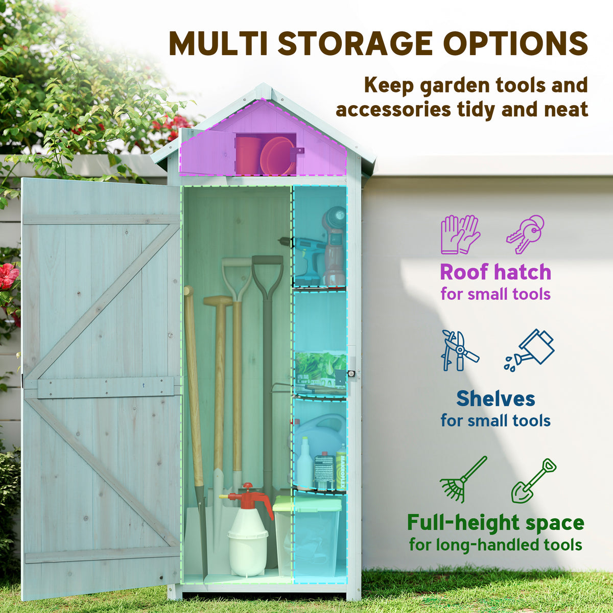 Outsunny Garden Shed Vertical Utility 3 Shelves Shed Wood Outdoor Garden Tool Storage Unit Storage Cabinet, 77 x 54.2 x 179cm - Blue