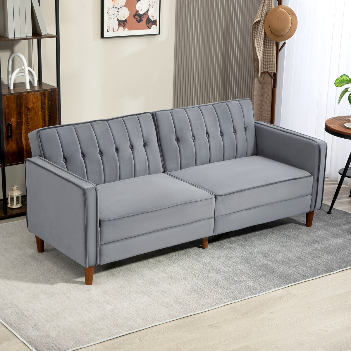 HOMCOM Velvet-Feel Three-Seater Sofa Bed with Wooden Legs, 300 kg - Dark Grey