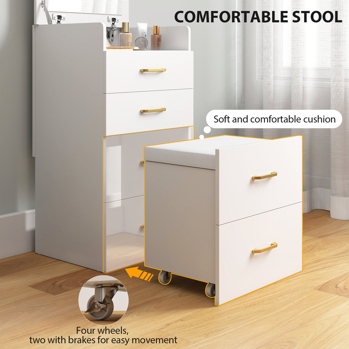 HOMCOM Compact Dressing Table and Stool Set, with Storage - White