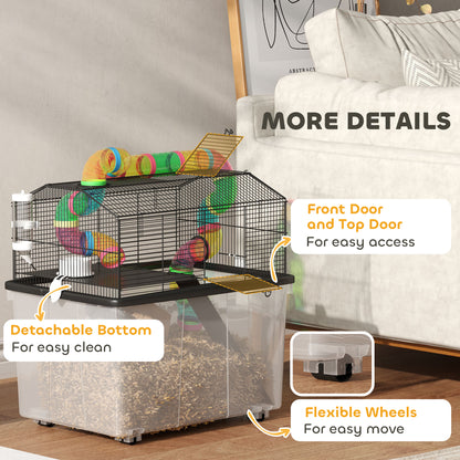 PawHut Two-Tier Hamster Cage with 31cm Deep Tray, Tube System, Water Bottle, Ramp, Feeding Bowl, Multicoloured