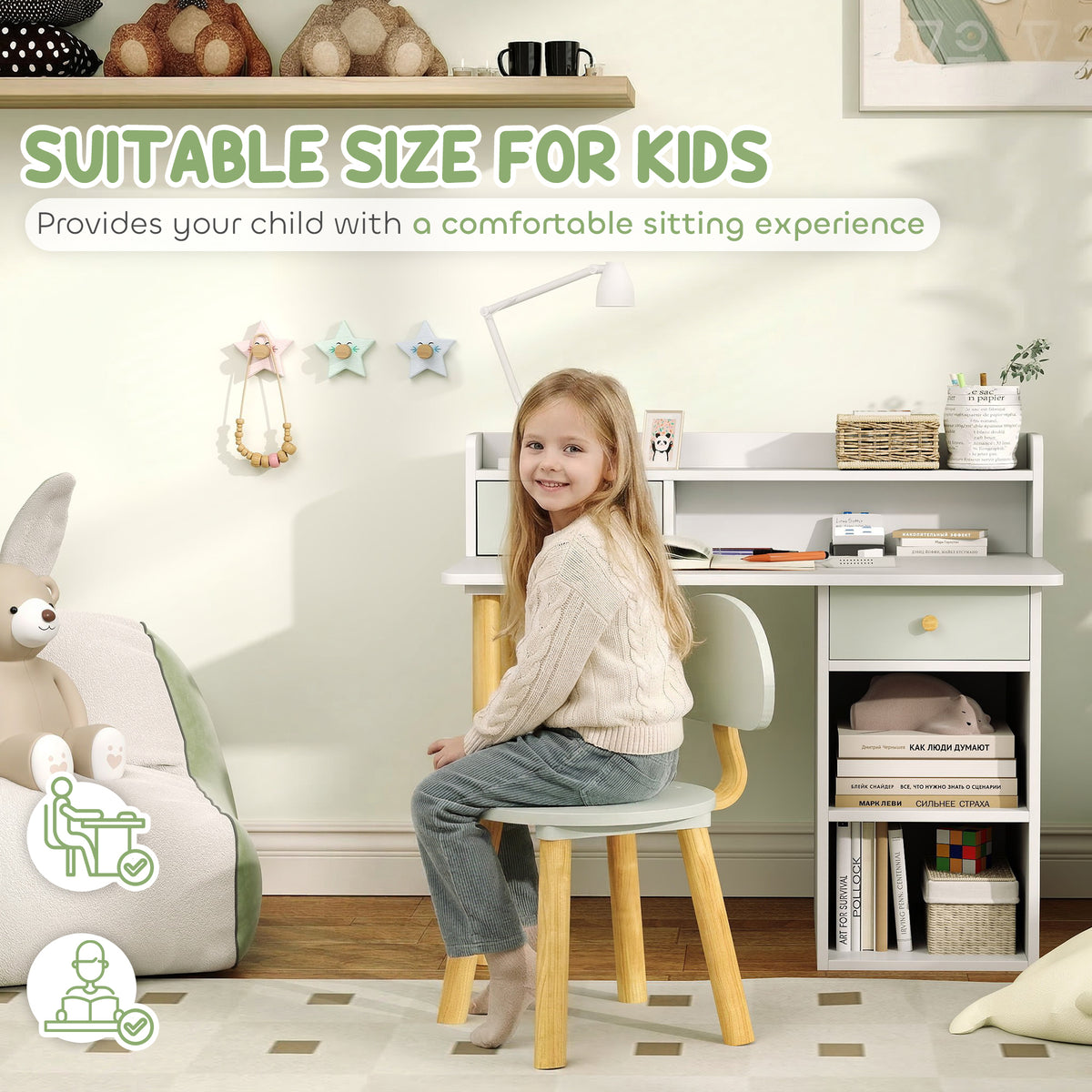 AIYAPLAY Two-Piece Children Study Table with Hutch, Kids Desk and Chair Set with Storage, Drawer, Shelves, Green