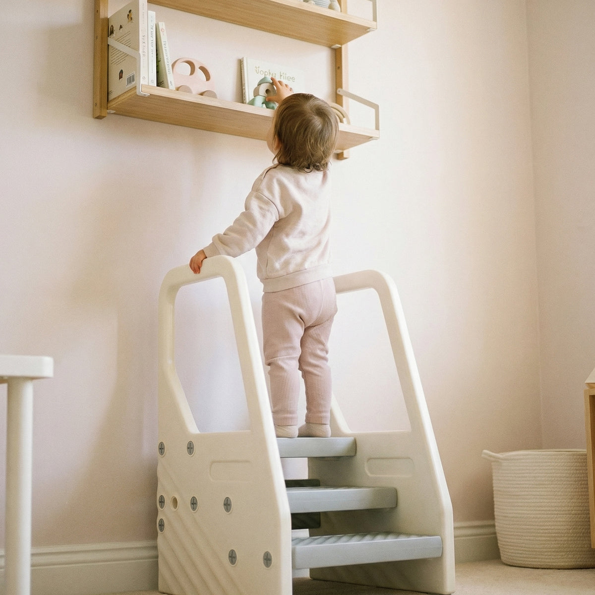 AIYAPLAY Adjustable 3 Step Toddler Tower with Handles, Non-slip Surface and Foot Pads, Grey