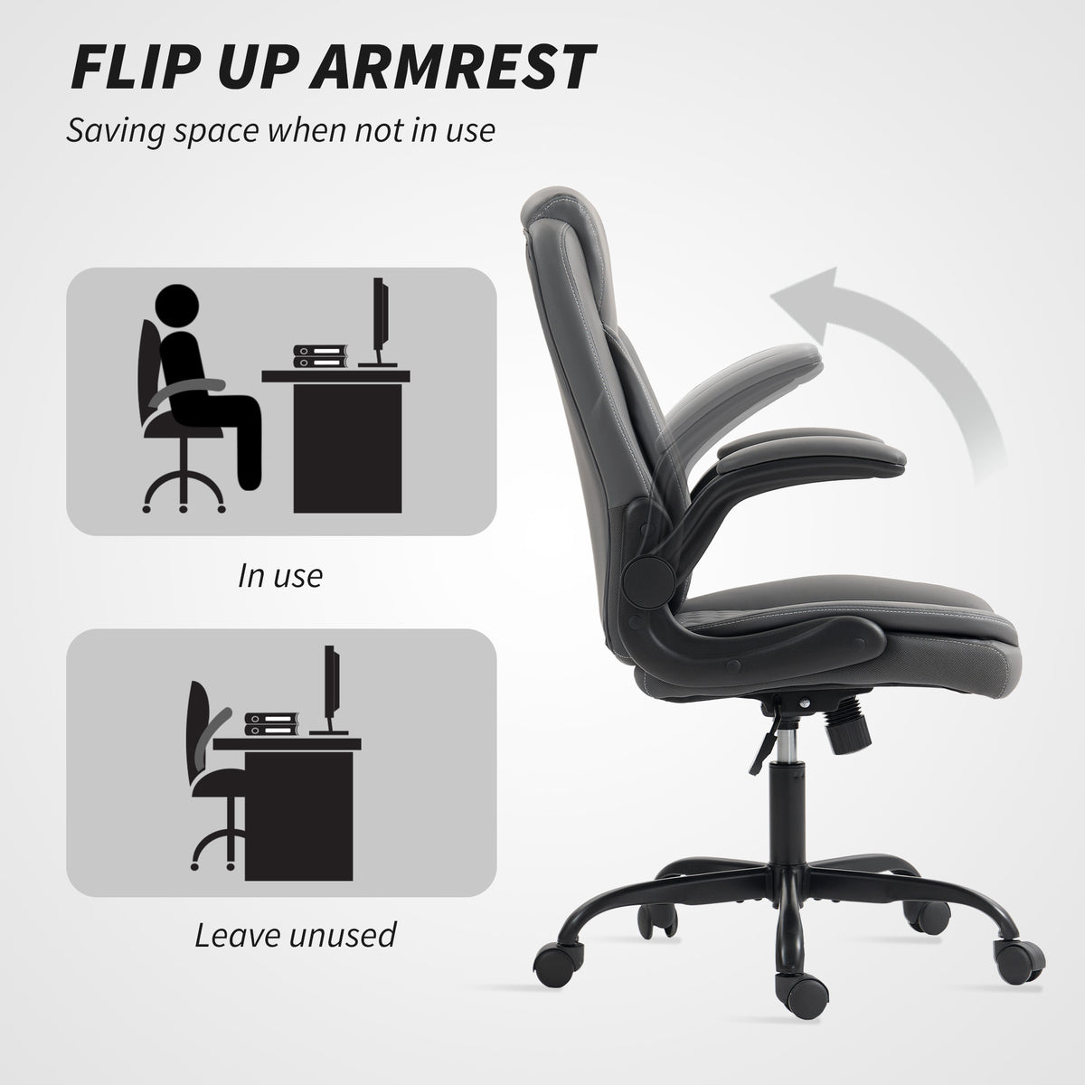 HOMCOM Faux Leather Office Chair. with Flip-Up Armrests - Charcoal Grey