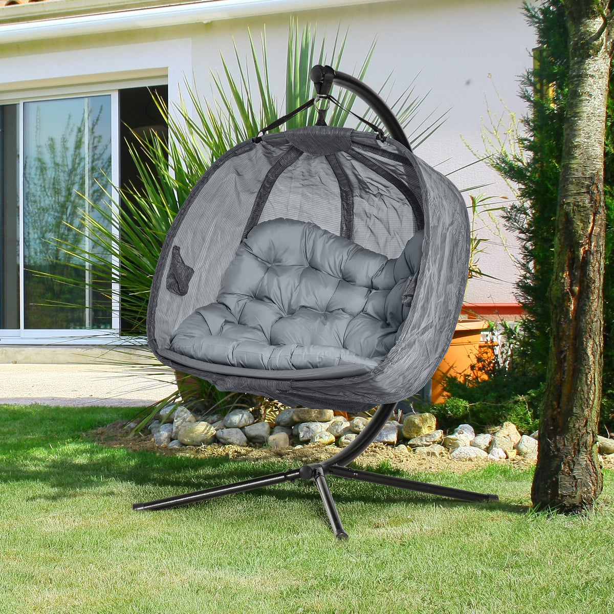 Outsunny Double Hanging Egg Chair 2 Seaters Texteline Swing Hammock Chair with Folding Design, Grey