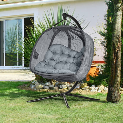 Outsunny Double Hanging Egg Chair 2 Seaters Texteline Swing Hammock Chair with Folding Design, Grey