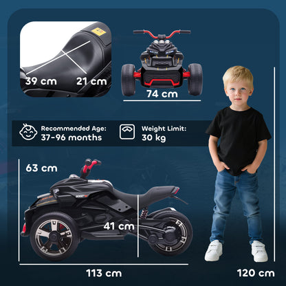 AIYAPLAY 12V Kids Electric Ride On Car with 3 Wheeler, MP3 Player, Horn, 2 Speeds, LED Lights for Boys & Girls Ages 3-8, Black