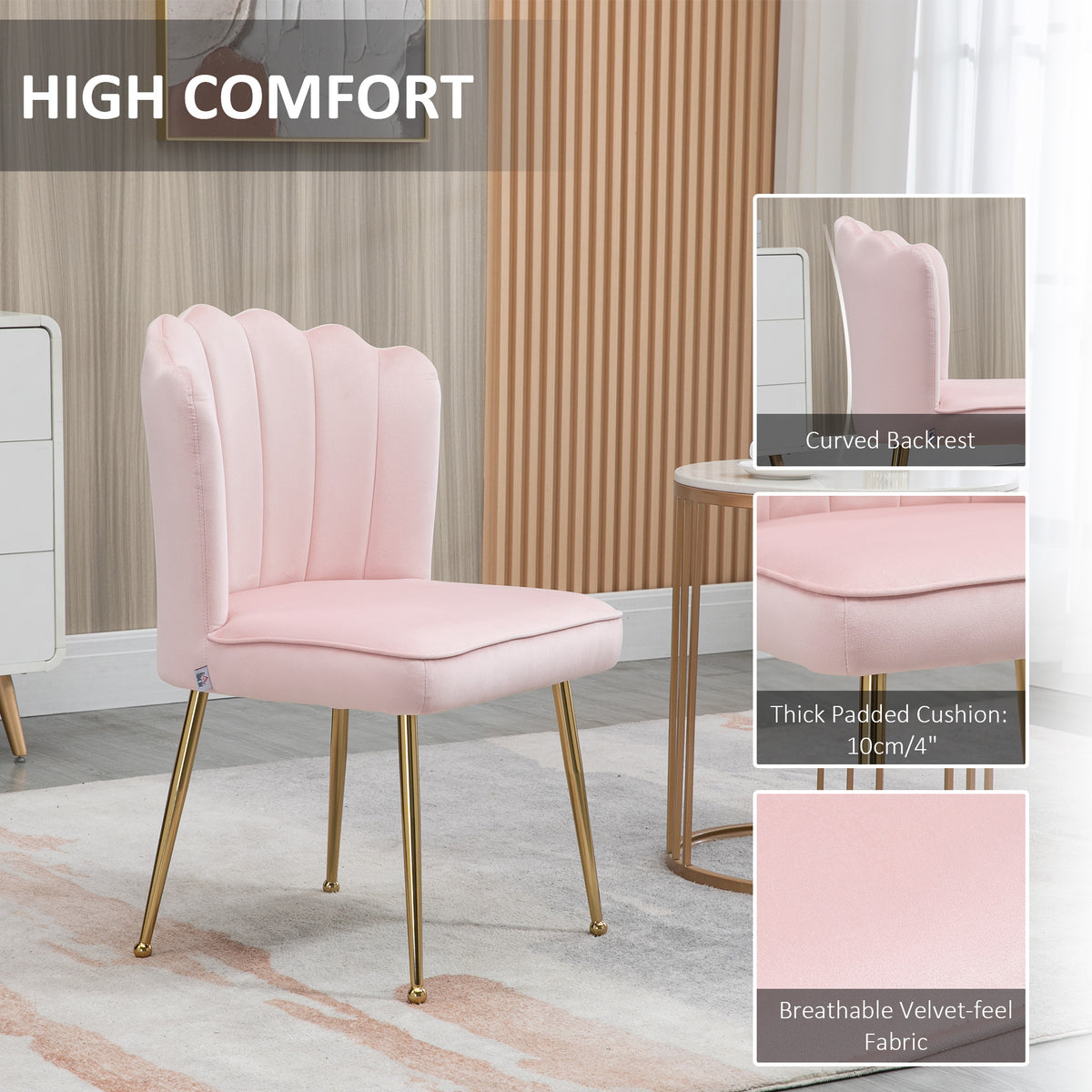 HOMCOM Velvet-Feel Shell Accent Chair with Metal Legs and Comfort Padding - Pink