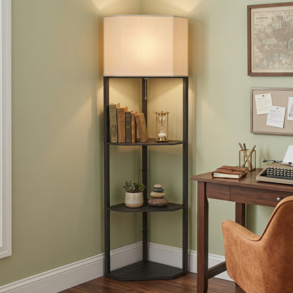 HOMCOM Corner Floor Lamp with Shelves, Tall Standing Lamps for Living Room, with Pull Chain Switch Bulb not Included, Black