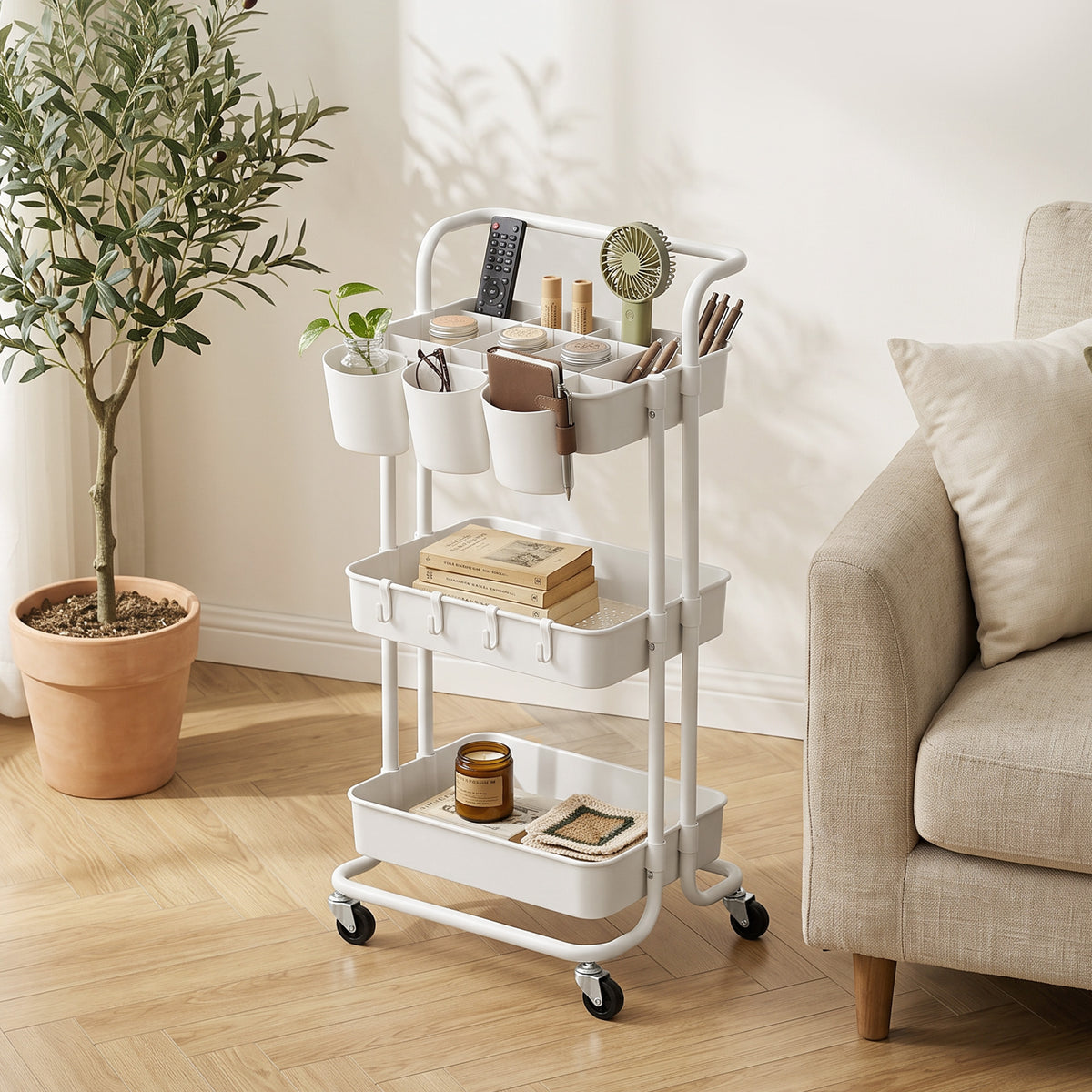 HOMCOM Three-Tier Home Trolley, with Handle and Wheels - White