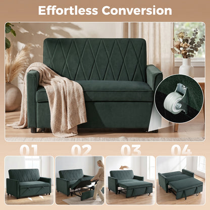 HOMCOM 2 Seater Sofa Bed, 3-in-1 Convertible Pull Out Sleeper Sofa with Click-Clack Adjustable Backrest, Dark Green