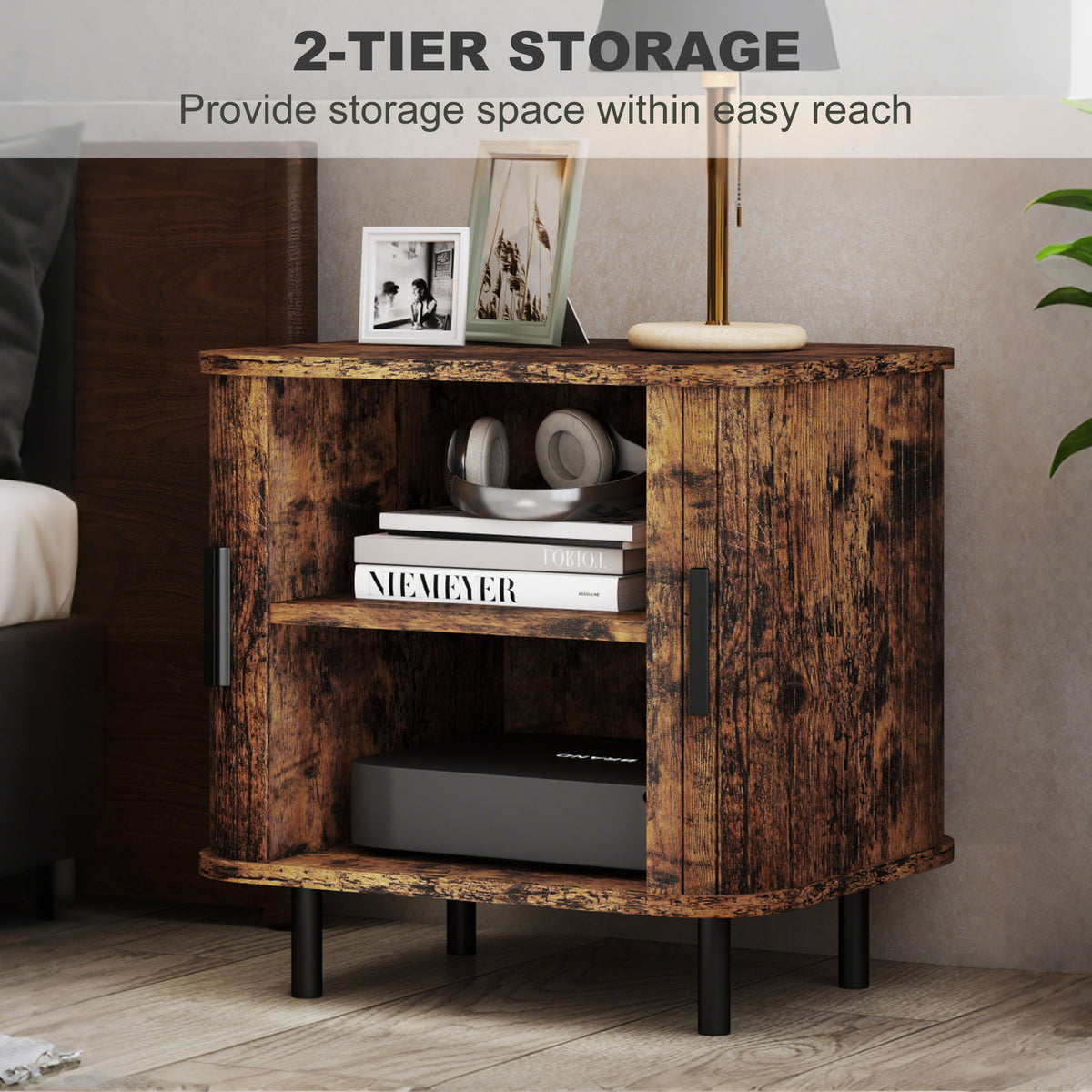 HOMCOM Nightstand with Sliding Doors and Metal Legs Rustic Brown