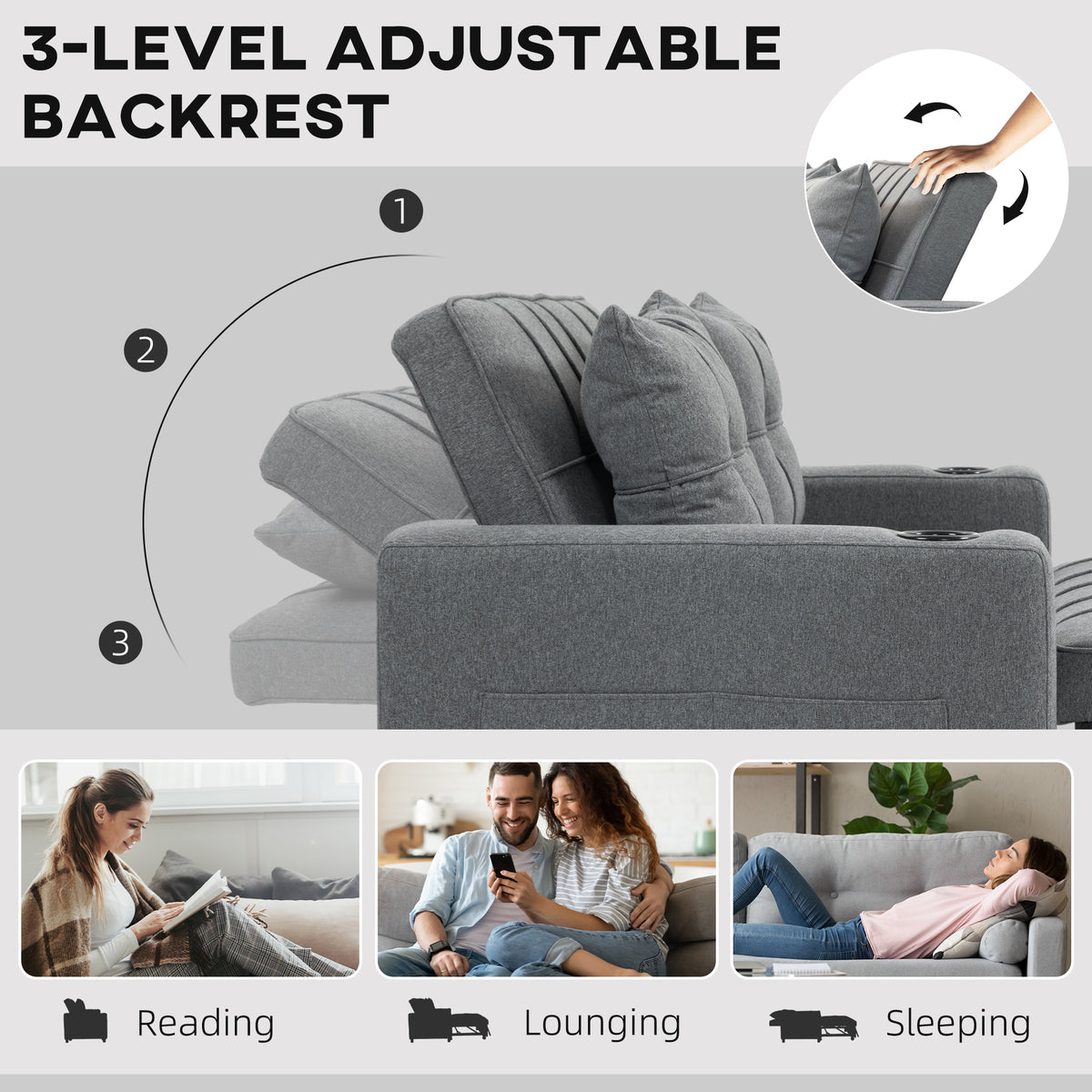 HOMCOM 2 Seater Sofa Bed Pull-Out Sofa Bed with 3-position adjustable backrest - Charcoal Grey