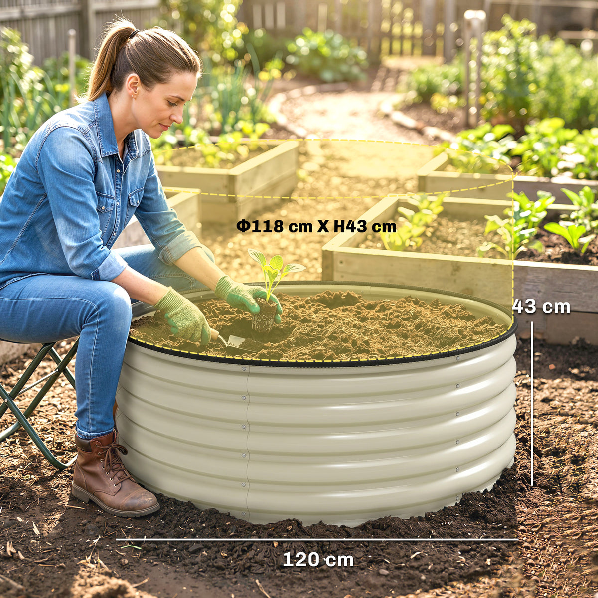 Outsunny Galvanised Raised Garden Bed with Safety Edging, Outdoor Raised Planter Box with Gloves, 120 x 120 x 43cm, Cream White