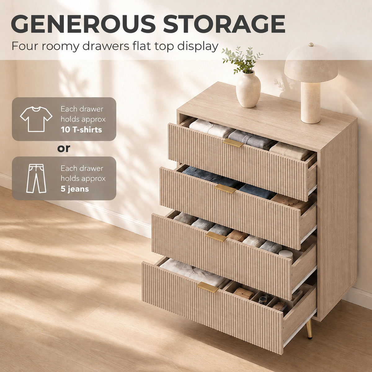 HOMCOM Bedroom Chest of Drawers with 4 Drawers, Fluted Dresser with Gold Tone Handles, Storage Cabinet, Natural