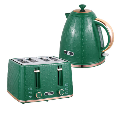 HOMCOM Kettle and Toaster Set, 1.7L 3000W Fast Boil Jug Kettle with Auto Shut Off, 4 Slice Toaster with 7 Level Browning Controls & Crumb Tray, UK Otter Thermostat, Green