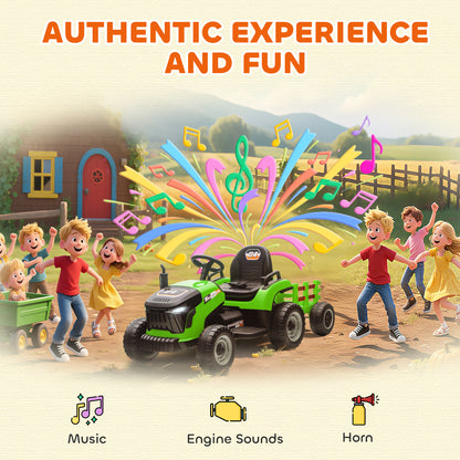 AIYAPLAY 12V Ride on Tractor and Trailer with Remote Control, Music, Shifter, Start-Up Sound, for Kids Ages 3-8 Years, Green