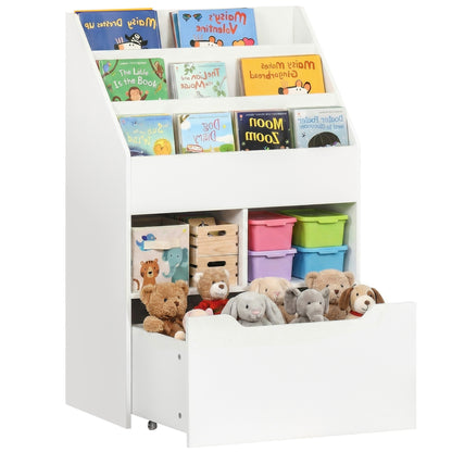 HOMCOM Kids Bookshelf, Toy Organiser, with Storage Drawer, Wheels - White